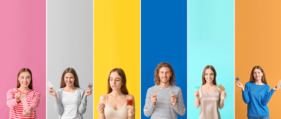 Group of people with different contraceptive means on color background. National Condom Week - obrazy, fototapety, plakaty