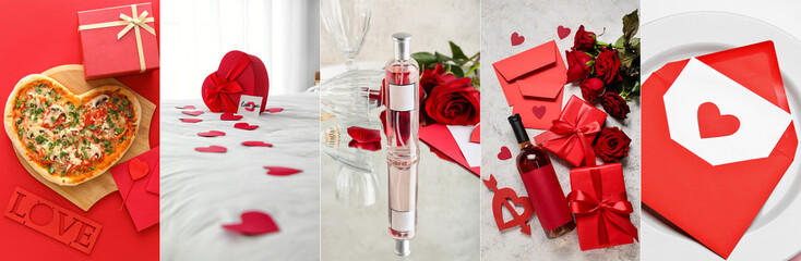 Romantic collage for Valentine's Day with gifts, letters, pizza and perfume