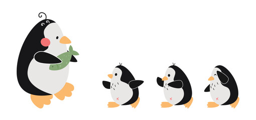 Comic mother penguin giving fish to kids vector illustration. Cartoon drawing of little penguin characters running towards mom isolated on white background. Family, food, wildlife, care concept