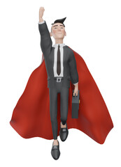 3d render. Powerful businessman superhero hero in red cape pose fly. Businessman standing at cliff wearing red cape as superhero, business ambition and courage