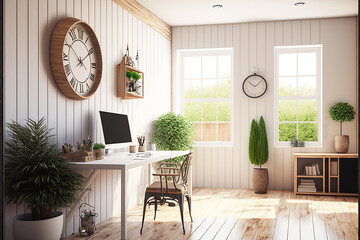 mock up wall in bright farmhouse interior background, wooden office, AI assisted finalized in Photoshop by me 

