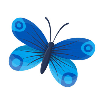Tropical blue butterfly. Vector illustration of insect with multicolored wings. Cartoon animal isolated white. Fantasy, tattoo concept