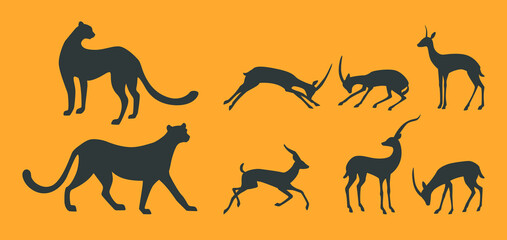 Black silhouettes of wild savannah animals vector illustrations set. Cartoon drawings of silhouettes of wildcats and antelopes isolated on orange background. Wildlife, nature, savanna, fauna concept
