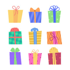 Colorful gift boxes with bows vector illustrations set. Cartoon drawings of presents with ribbons isolated on white background. Christmas, birthday, celebration concept