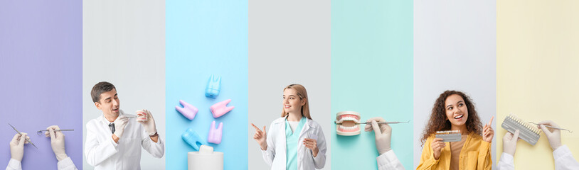 Collage of dentists and woman with healthy teeth on color background
