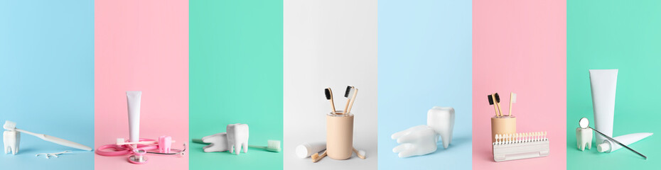 Collage with dentist's tools and items for oral hygiene on colorful background