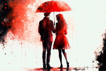 Young man and woman in dress and shoes. romantic under an umbrella. background with splashes of paint. Love