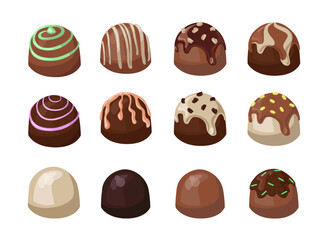 Chocolate sweets with frosting or glaze vector illustrations set. Cartoon drawings of candies, tasty snack made from white, dark, milk chocolate on white background. Desserts, confectionary concept