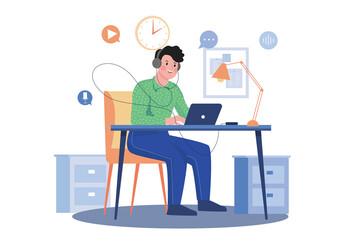 Fototapeta premium Man Listening To The Podcast While Working