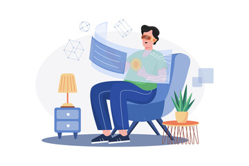 Man Using Leisure Time Enjoying Wearing VR Glasses