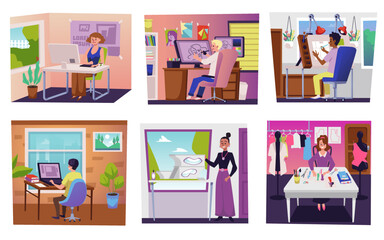 Graphic and fashion designers creating design, flat vector illustration.