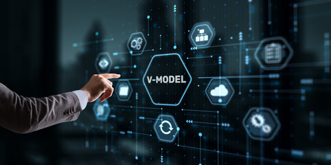 Businessman clicks V-Model, VEE. Information systems development model - obrazy, fototapety, plakaty