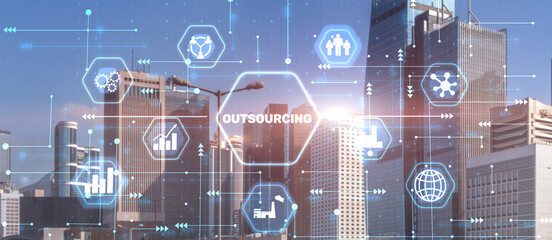 Outsourcing Human Resources Global Recruitment concept. City Background