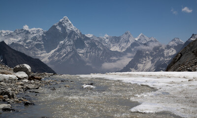a river from a glacier in the Himalayas overlooking Ama Dablam
