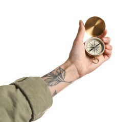 Woman with golden compass on white background © Pixel-Shot