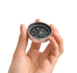 Woman with black compass on white background, closeup