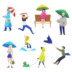 Set of people with umbrellas flat style, vector illustration