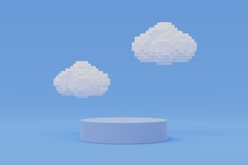 3d product display podium. Empty blue 3d geometry shap for product presentation. 3d pixel cloud floating on blue background with soft lighting. 3d render illustration. 