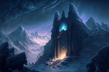 A giant black stone magic gate high on a snowy mountain top