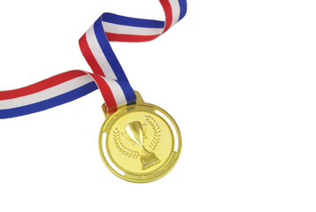 Gold medal with multicolored ribbon isolated on white background. Copy space for text.