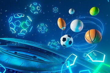 3d sport rendering. background for a sports game. 3d illustration. realistic abstract backdrop. ball object. copy space. tennis soccer basketball golf rugby volleyball elements. neon concept design.