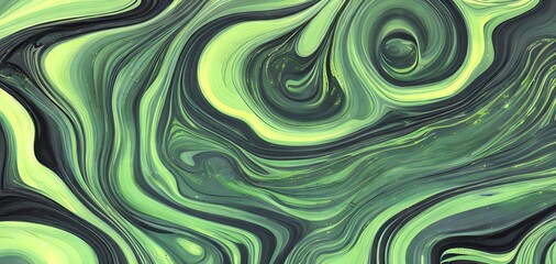 Fototapeta na wymiar Abstraction. Beautiful liquid marble texture, with big oil bubbles and twirls. Harmonic black and green tones coloured.