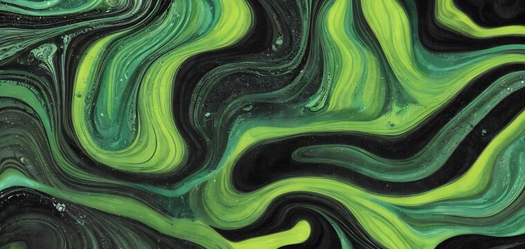 Abstraction. Beautiful liquid marble texture, with big oil bubbles and twirls. Harmonic black and green tones coloured.