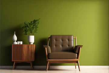 Modern wooden living room armchair on empty green colored wall background. AI assisted finalized in Photoshop by me 