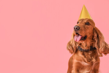 Red cocker spaniel with party hat on pink background