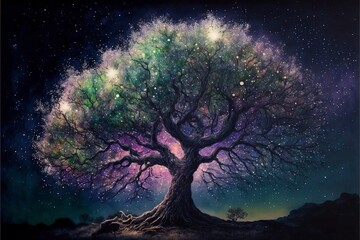 Fototapeta na wymiar Magnificent big tree, glittering fruit, magnificent landscape, sparkling starry sky