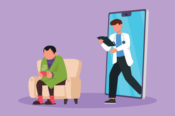 Character flat drawing young male patient having fever sitting on sofa, using blanket, holding mug and there is male doctor walking out of smartphone with clipboard. Cartoon design vector illustration