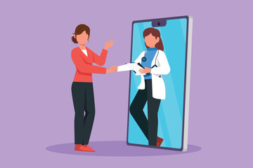 Cartoon flat style drawing young woman patient shaking hands with female doctor coming out of smartphone and holding clipboard. Online medical consultation concept. Graphic design vector illustration