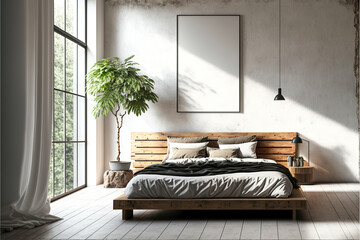 Wooden bed modern design, interior of bedroom with empty wall mockup AI assisted finalized in Photoshop by me 