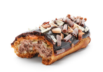 Piece of tasty chocolate eclair on white background