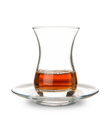 Glass of Turkish tea on white background