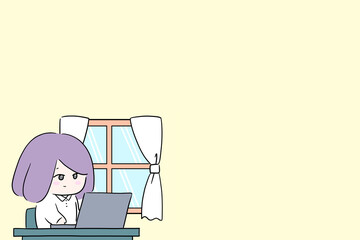 室内で在宅ワークをする女性　イラスト　窓　デスクワーク　パソコン作業　余白スペース