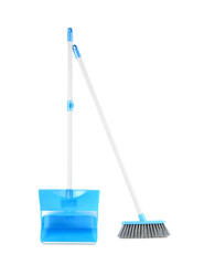 Cleaning broom and dustpan on white background