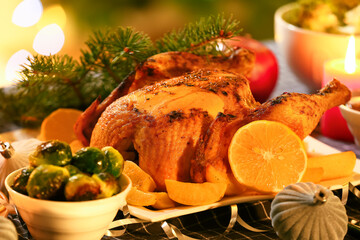Fototapeta na wymiar Christmas table setting with tasty chicken in dining room at night, closeup