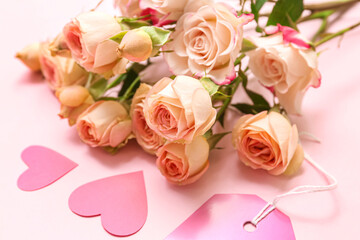 Fototapeta na wymiar Bouquet of beautiful rose flowers on pink background, closeup