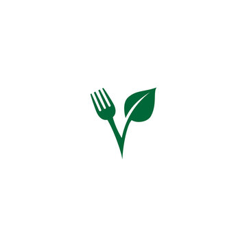 vector illustration of leaves and cutlery. organic food logo, food and drink icon, healthy food symbol 