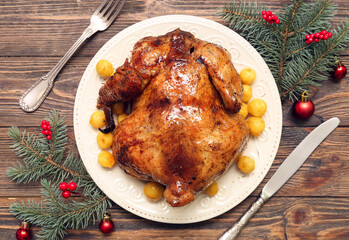 Composition with plate of tasty baked chicken, fir branches and Christmas decorations on wooden background