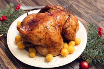 Plate with tasty baked chicken and Christmas decor on wooden background, closeup