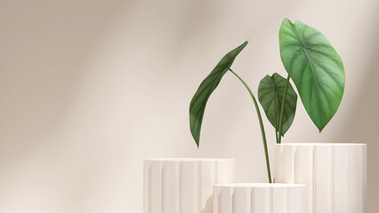 broken white podium in landscape green caladium house plant 3D render image blank mockup
