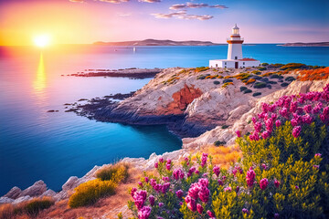 Colorful morning scene of Sardinia, Italy, Europe. Fantastic sunrise on Capo San Marco Lighthouse on Del Sinis peninsula. Picturesque seascape of Mediterranean sea. Digital artwork