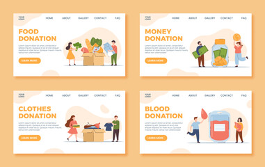 Donation and charity landing pages set, flat vector illustration.