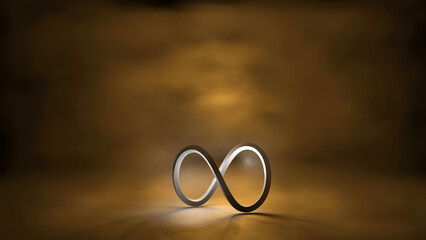 Fototapeta na wymiar Twisted ring in infinity symbol on a floor with covering fog in background (3D Rendering)