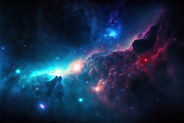 Glowing huge nebula with young stars. Space background. Incredibly beautiful galaxy in outer space. Nebula night starry sky in rainbow colors. Multicolor outer space. Digital art