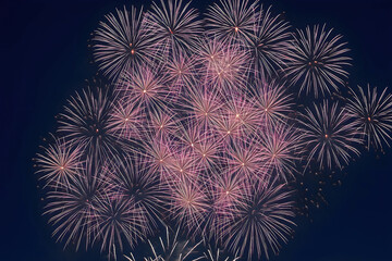 Fototapeta premium New Year’s Eve fireworks in night sky. Happy New Year holidays party celebration. Generative AI