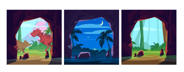 Stone cave entrance landscape with dinosaurs, sea and forest - flat vector illustration.