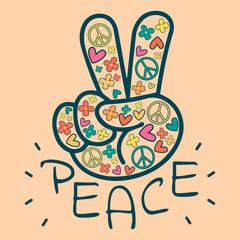 Icon, sticker in hippie style with floral V sign and text Peace on a beige background with flowers, hearts and peace signs